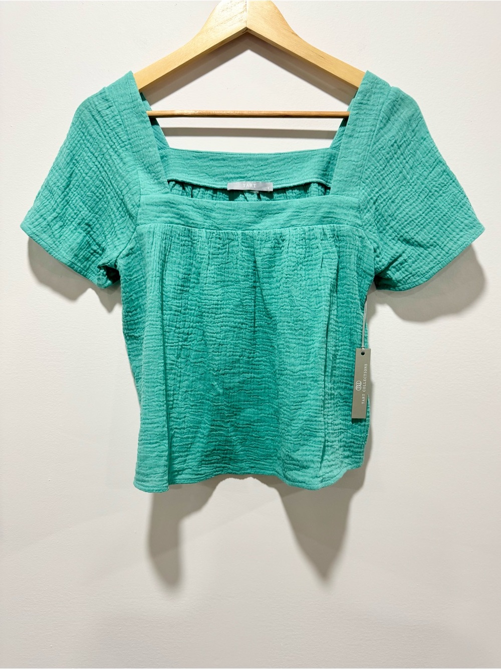 Tart Collections Brynn Crinkle Cotton Gauze Green Square Neck Top NWT Size S